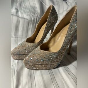 Madden Girl Elegant Crystal-Embellished Tan Heels-Size 7.5